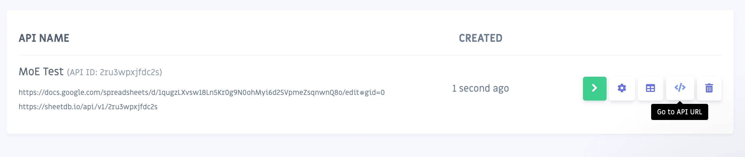 Testing the Sheetdb API by clicking Go to API URL