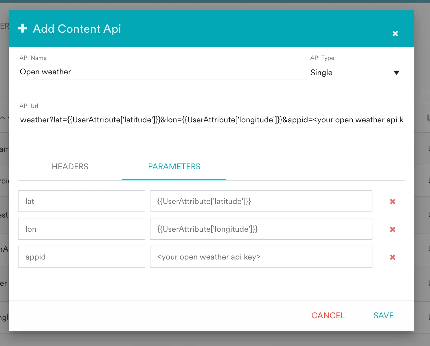 MoEngage parameter editor showing latitude and longitude mapped to user attributes