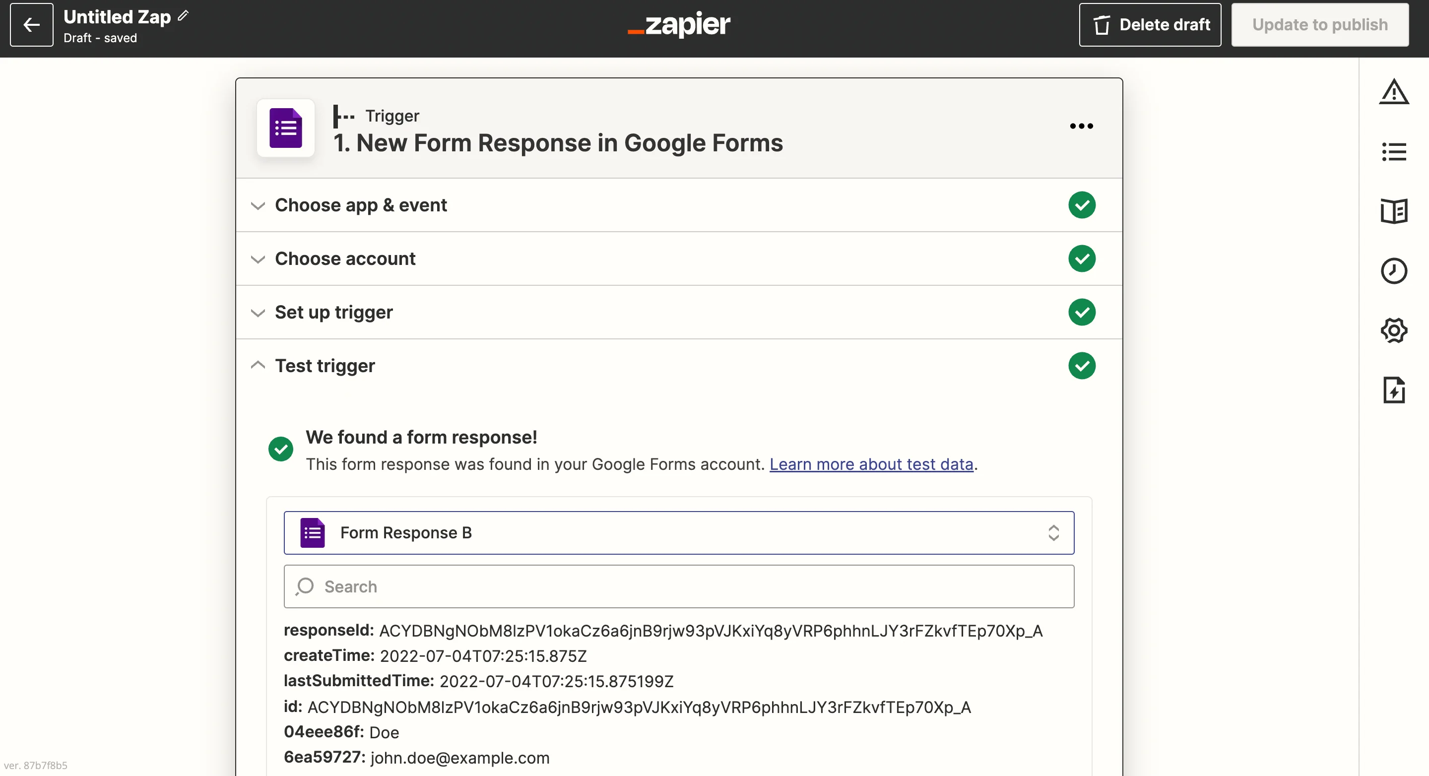 Google Forms trigger setup with selected form