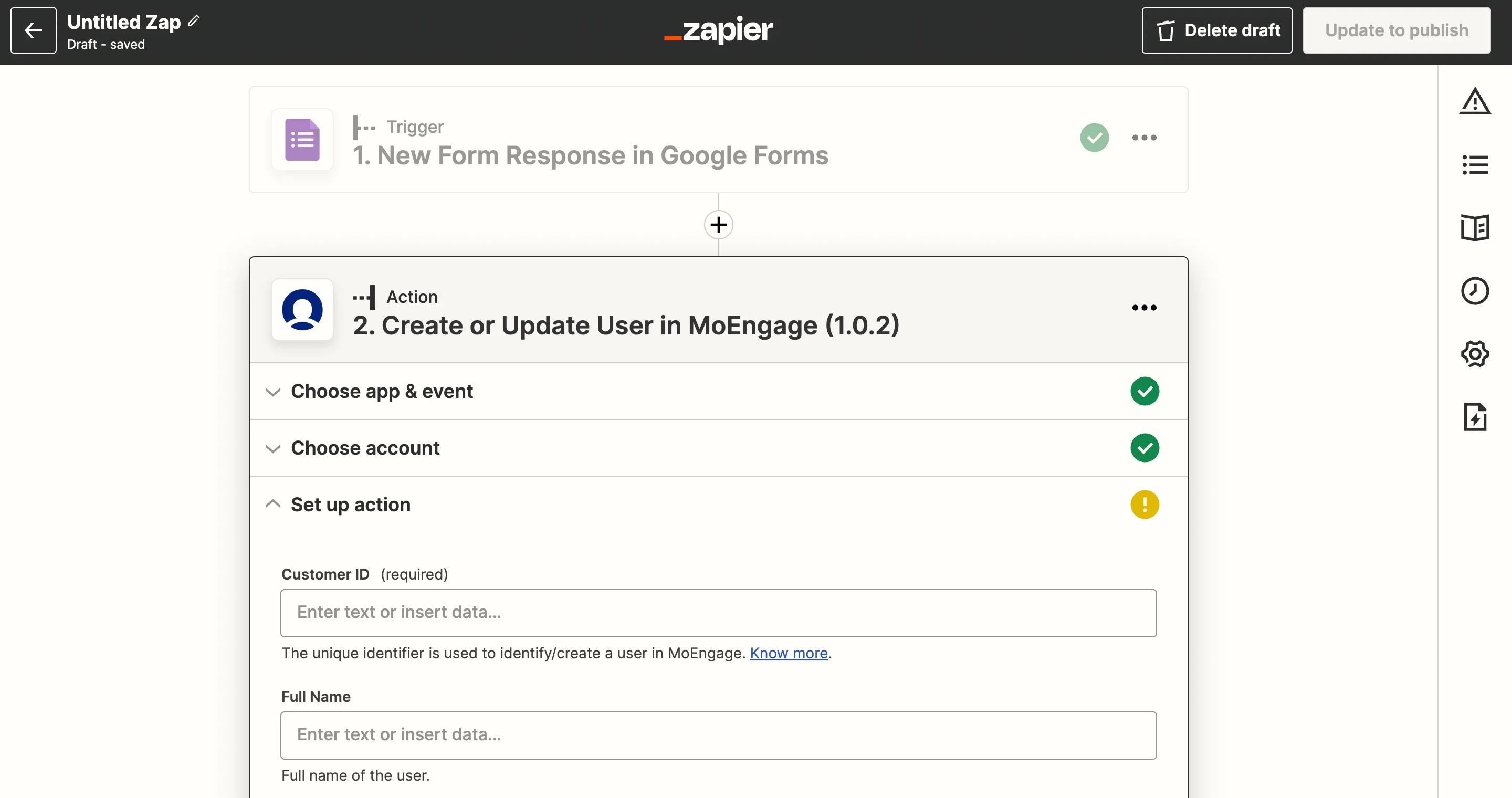 Create or Update User action setup with attribute fields
