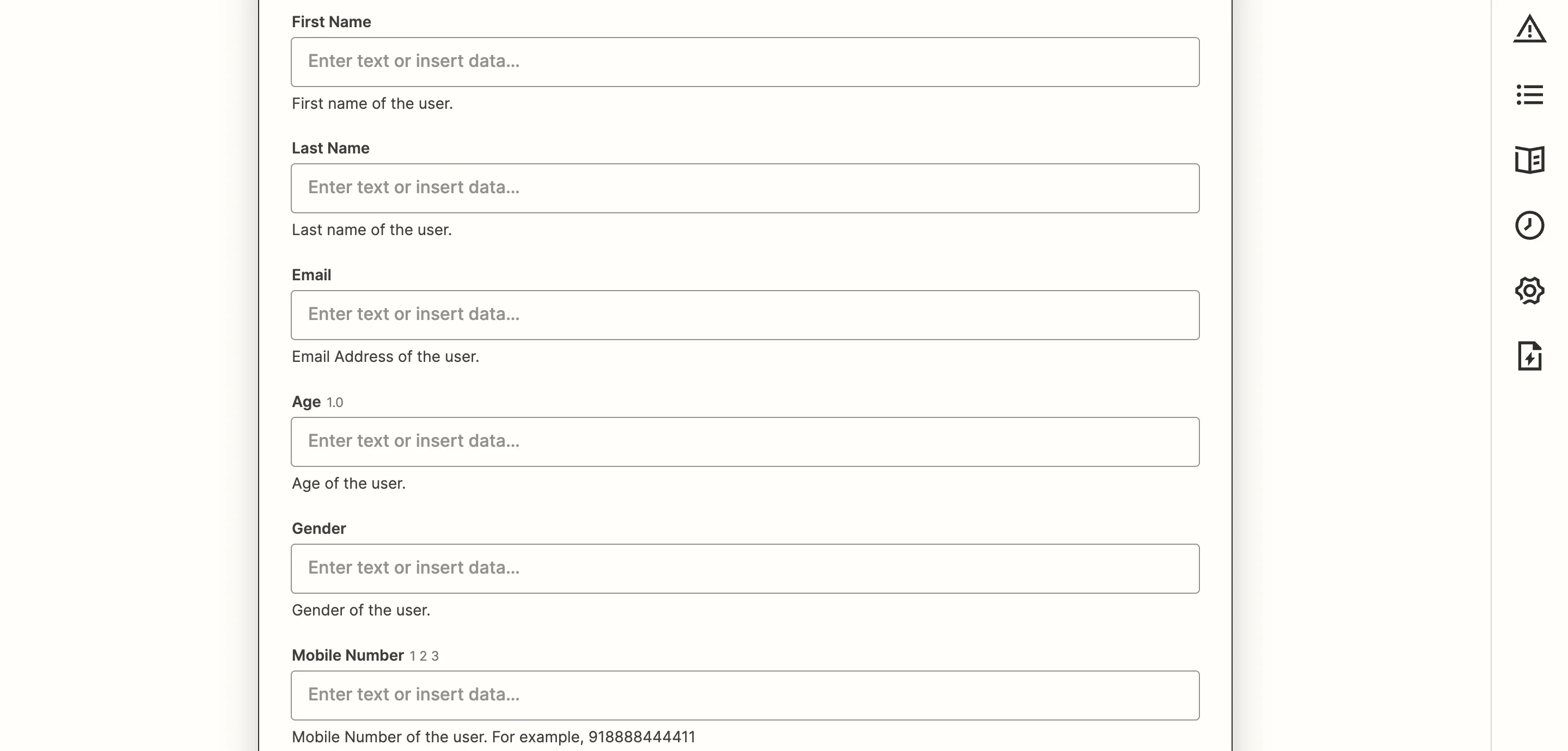 Continuation of Create or Update User action fields