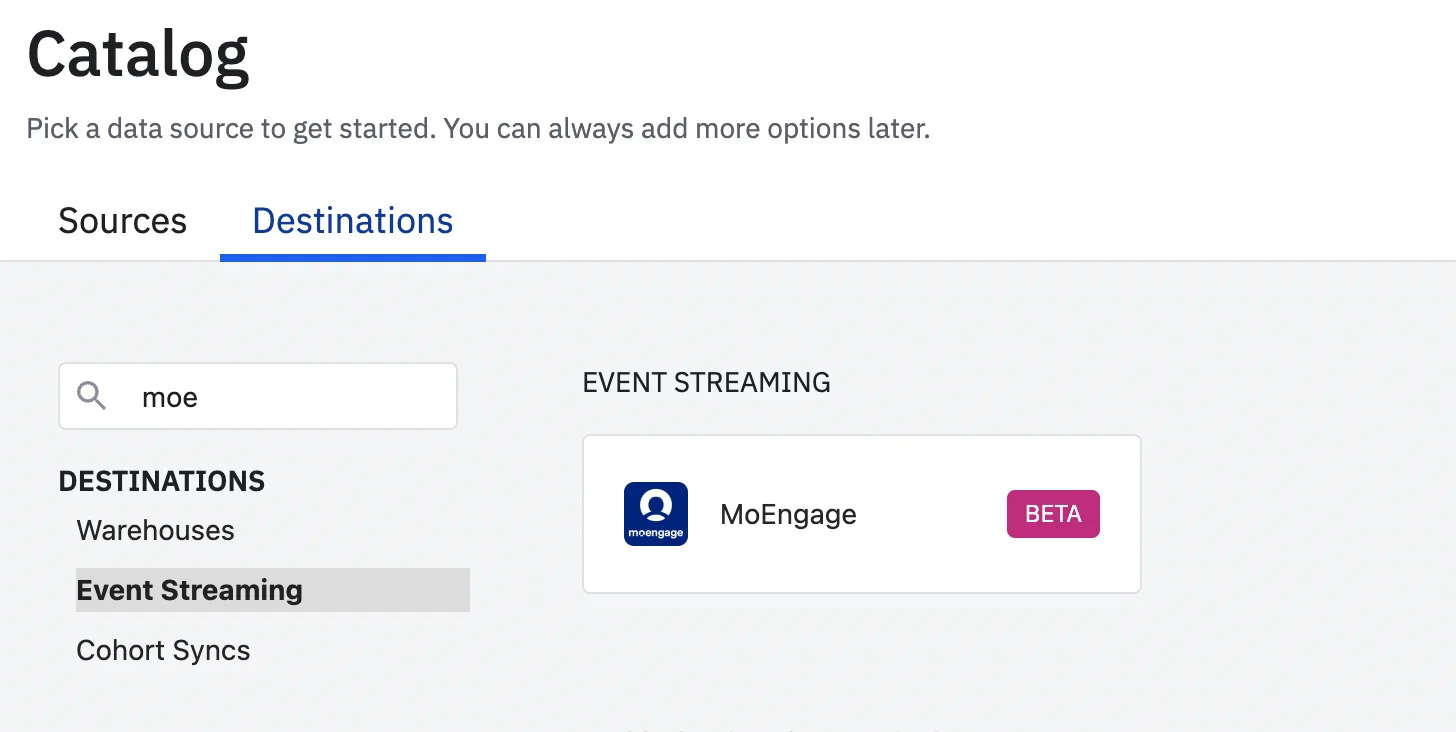 Event Streaming destinations page in Amplitude with MoEngage option