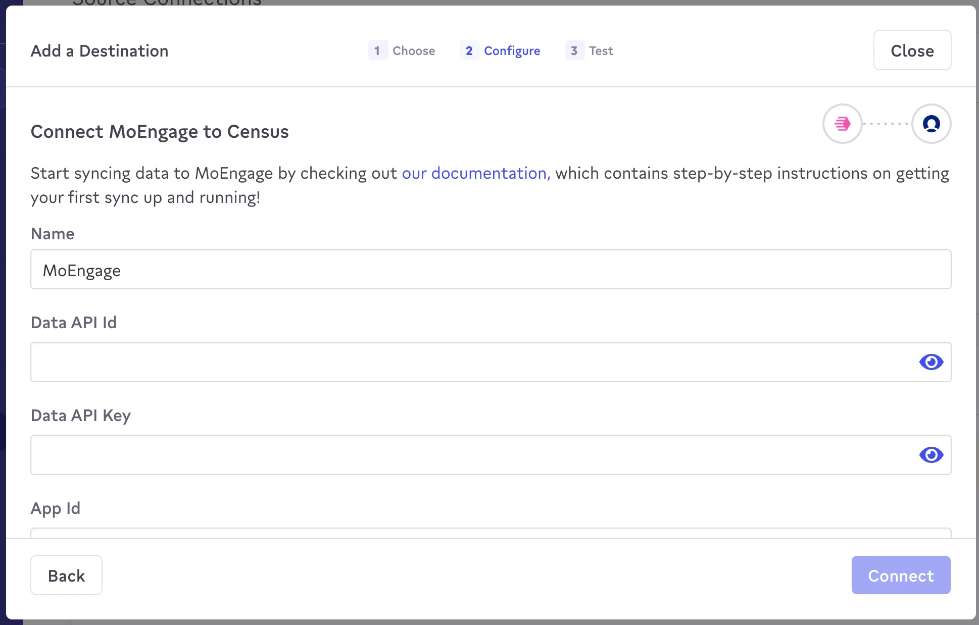 Configuring MoEngage destination credentials in Census