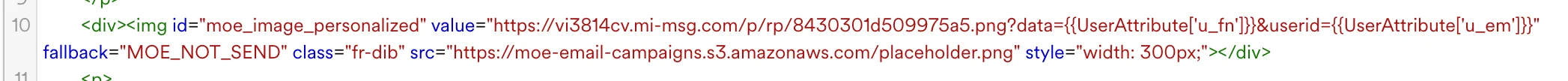 MoEngage email code editor with the Movable Ink URL inserted into the HTML
