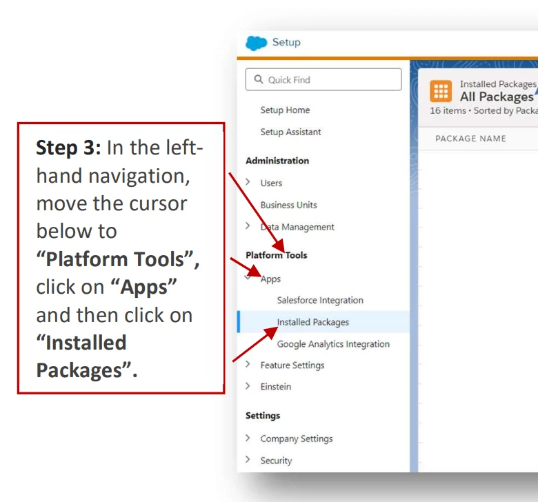 Installed Packages tab in SFMC settings