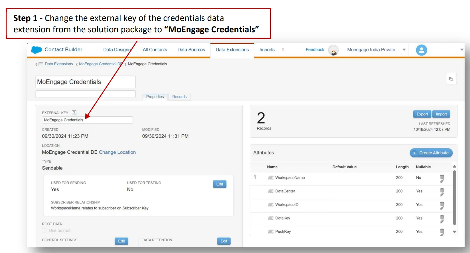Changing external key of the Credentials Data Extension to MoEngage Credentials