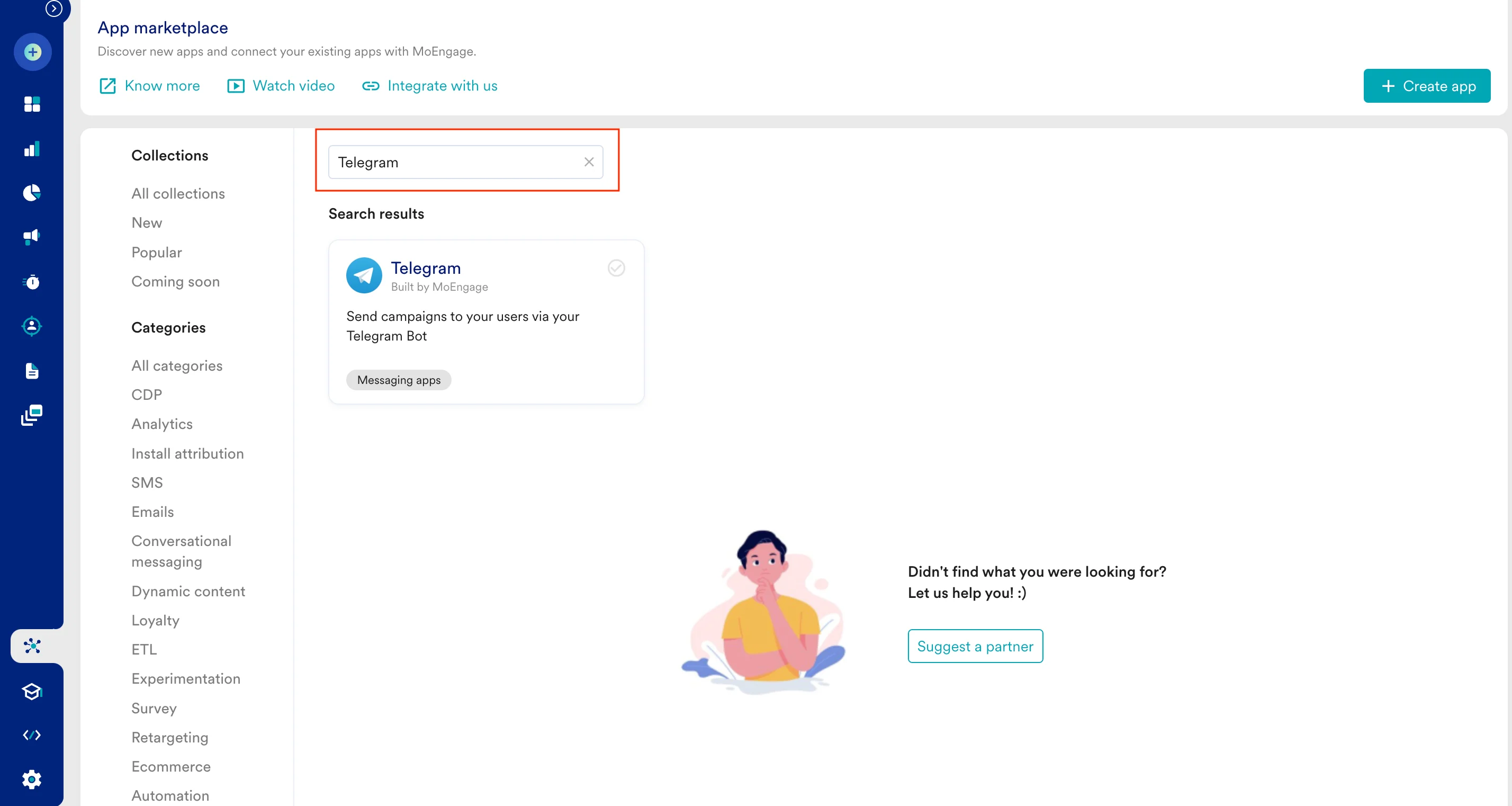 App Marketplace search results showing Telegram