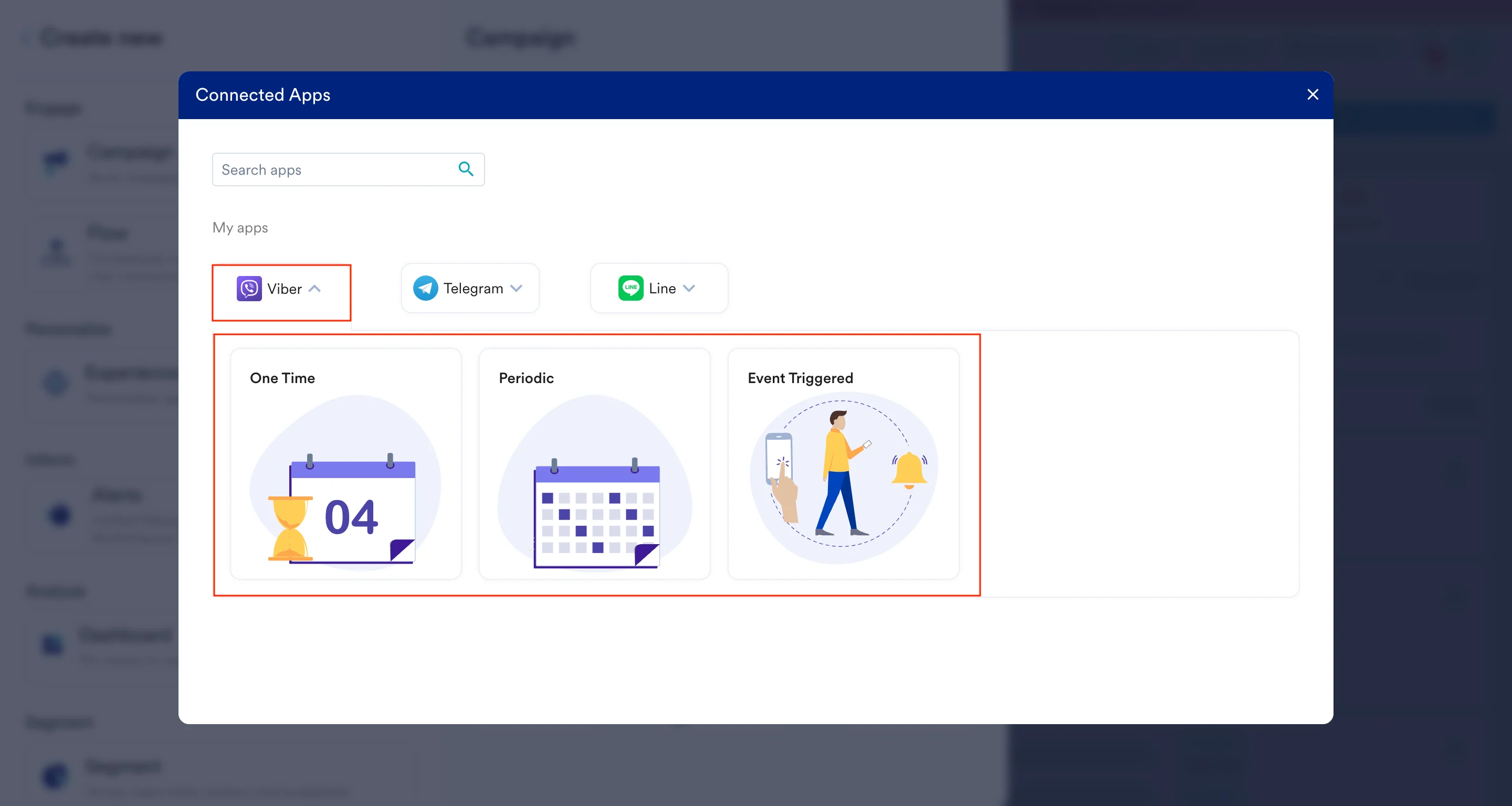 Create campaign dialog with Viber selected and delivery types