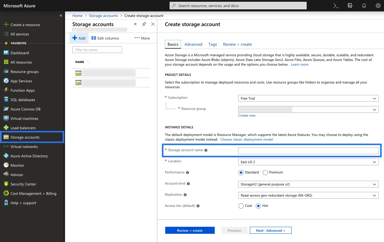 Create a new storage account in Microsoft Azure