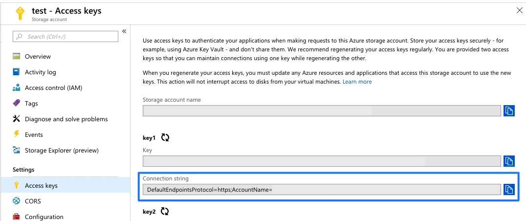 Access Keys section showing the Azure storage connection string