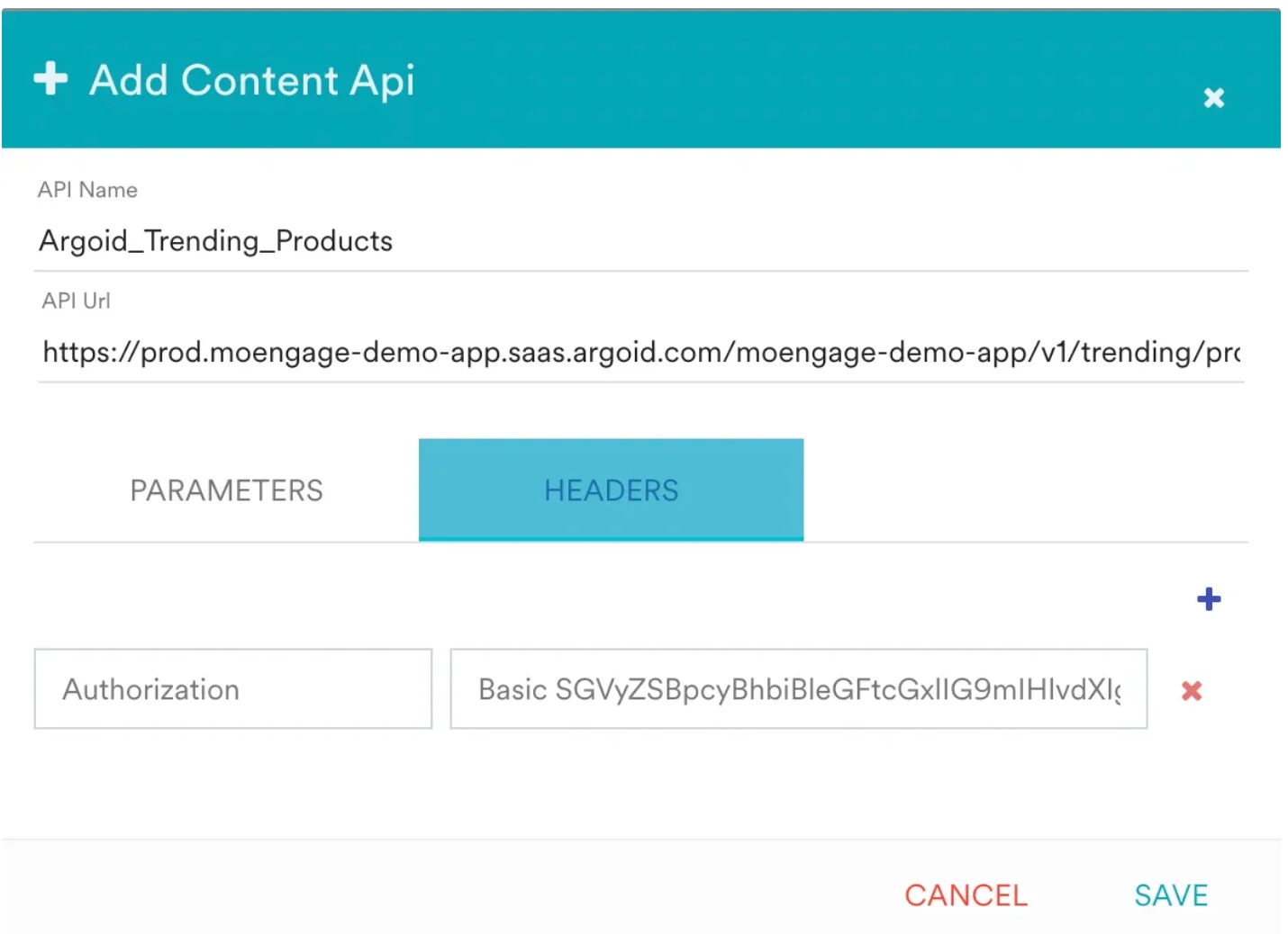 Headers section of the Content API configuration with the Authorization header set