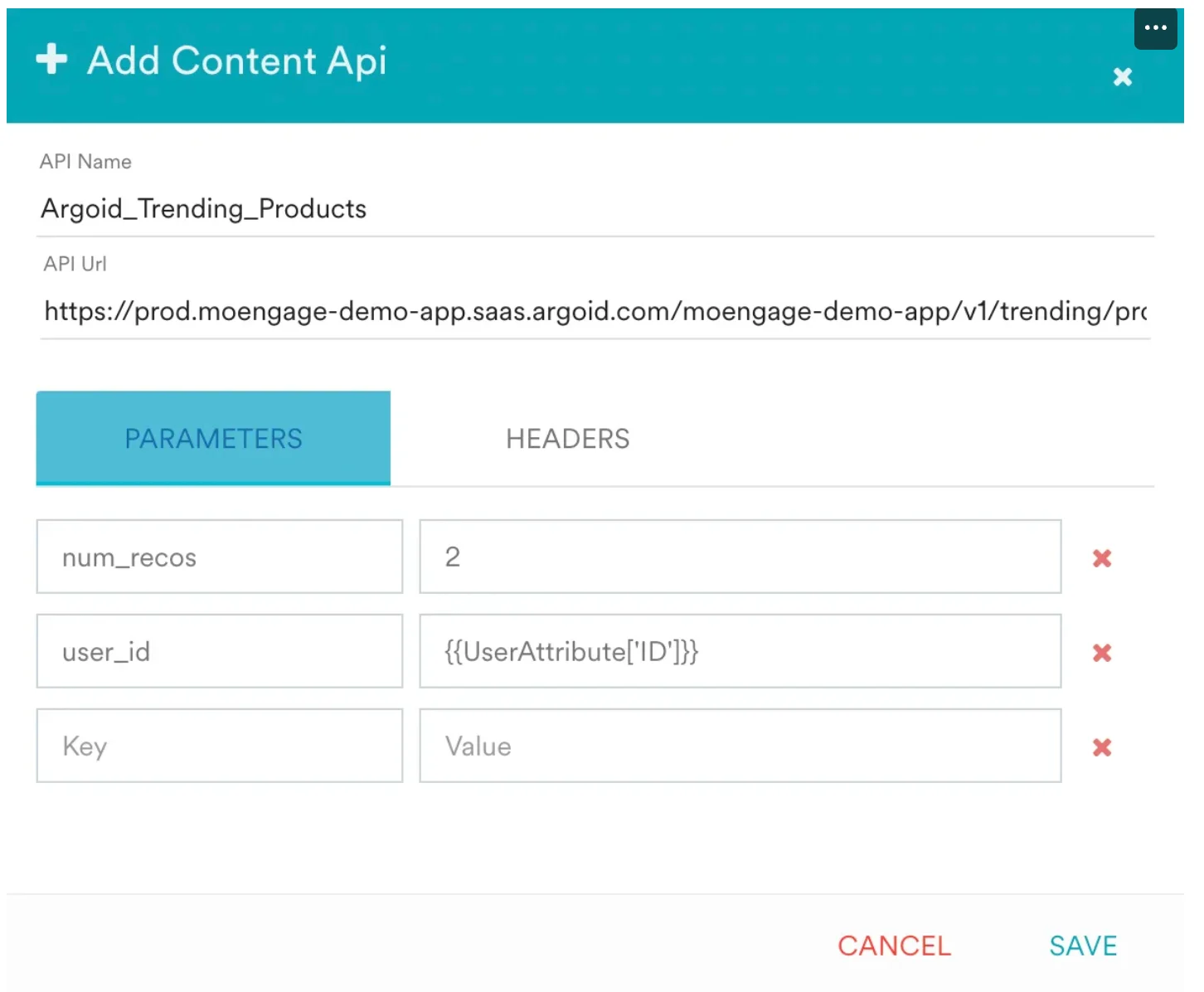 Parameters section of the Content API configuration with num_recos, user_id, and country mapped