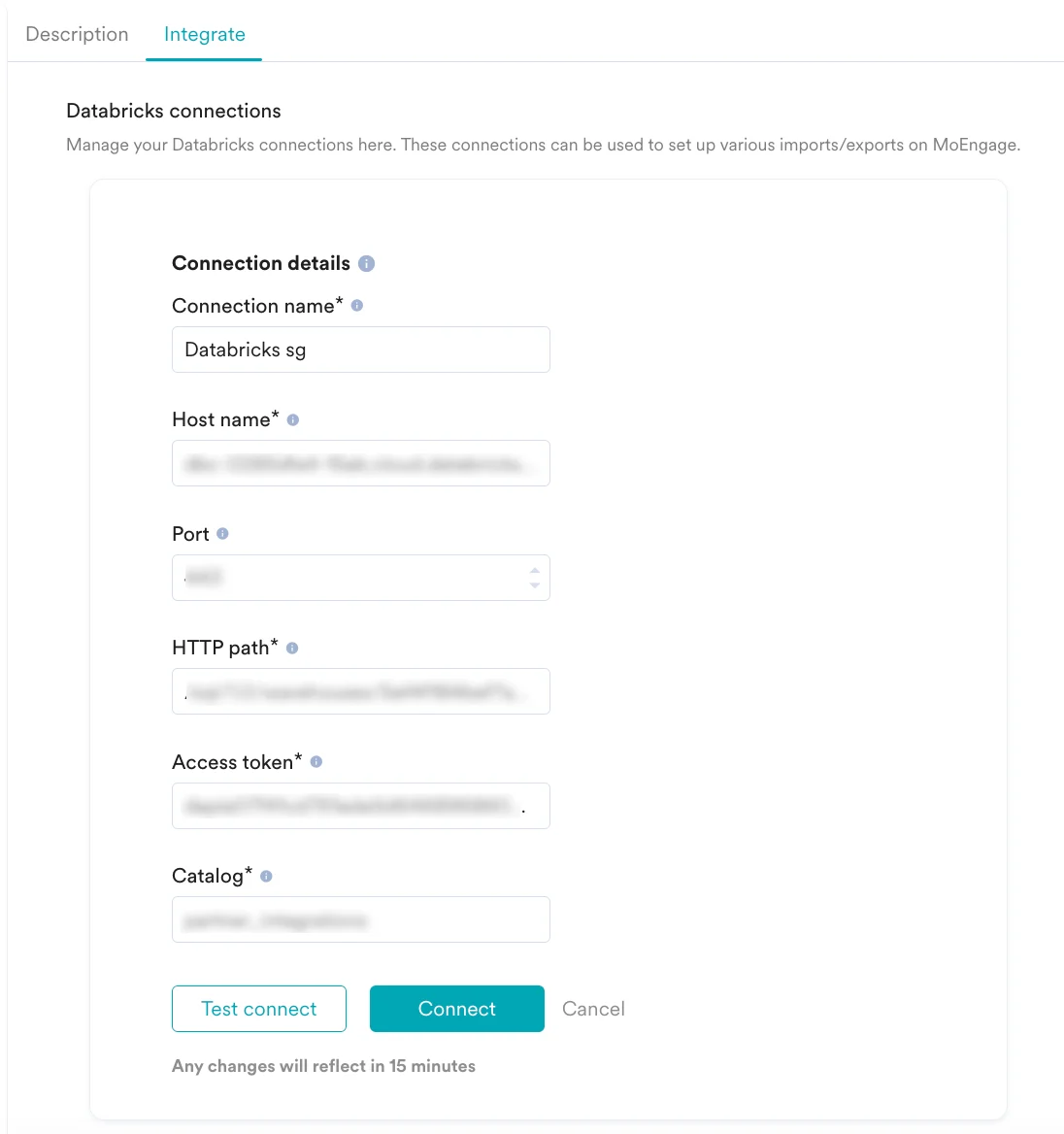 Databricks connection form