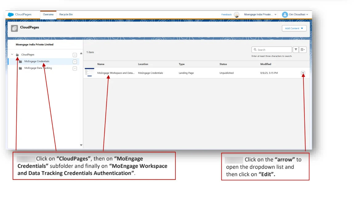 Edit option from the dropdown list on the CloudPage