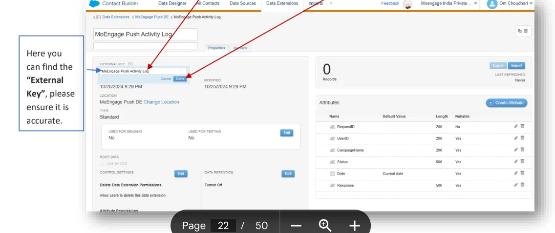 MoEngage Push Activity Log External Key field