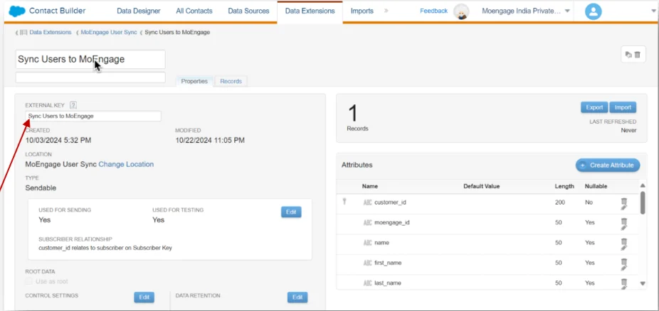 Changing external key of the Sync Users to MoEngage Data Extension