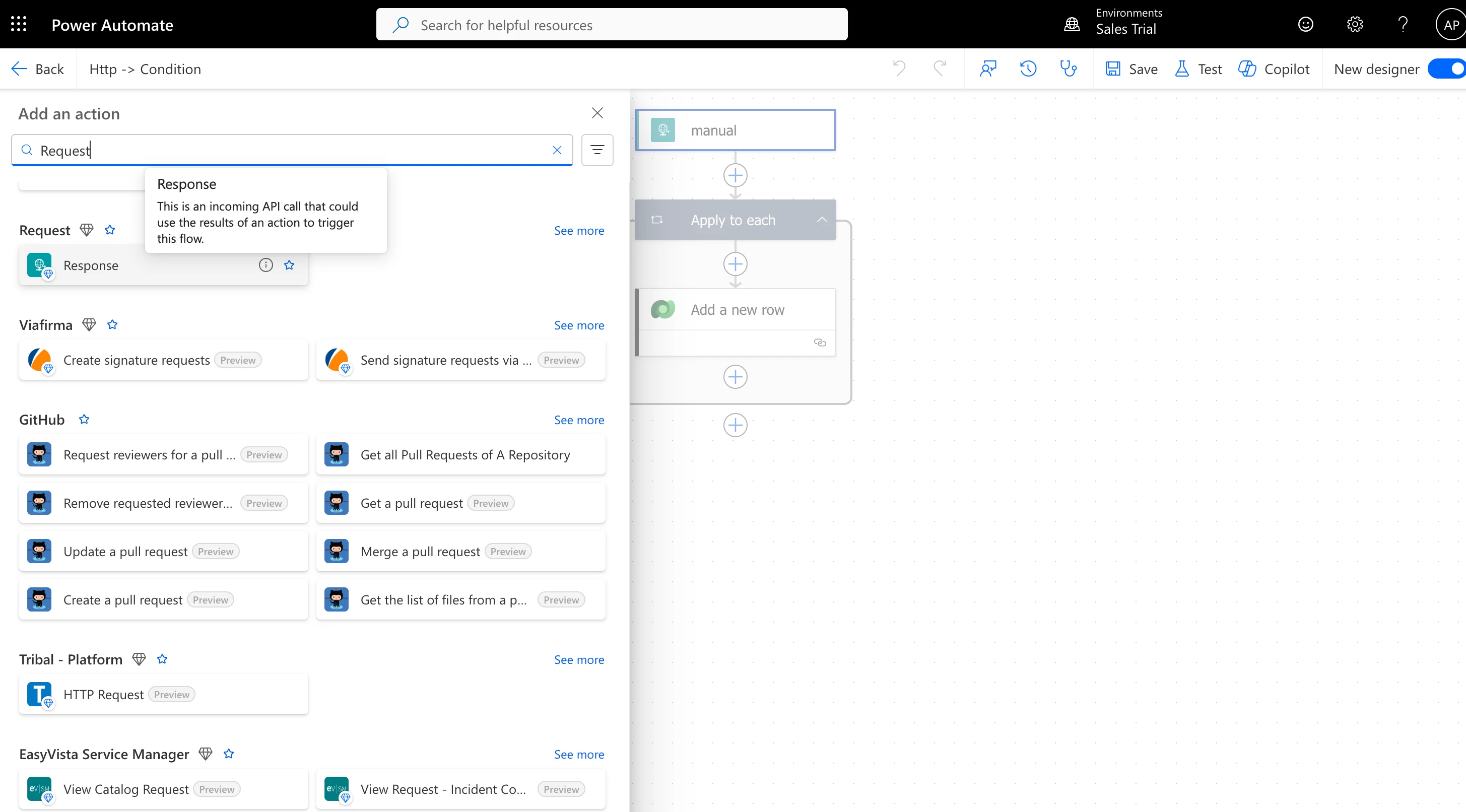 Power Automate trigger selection screen with the HTTP request trigger highlighted