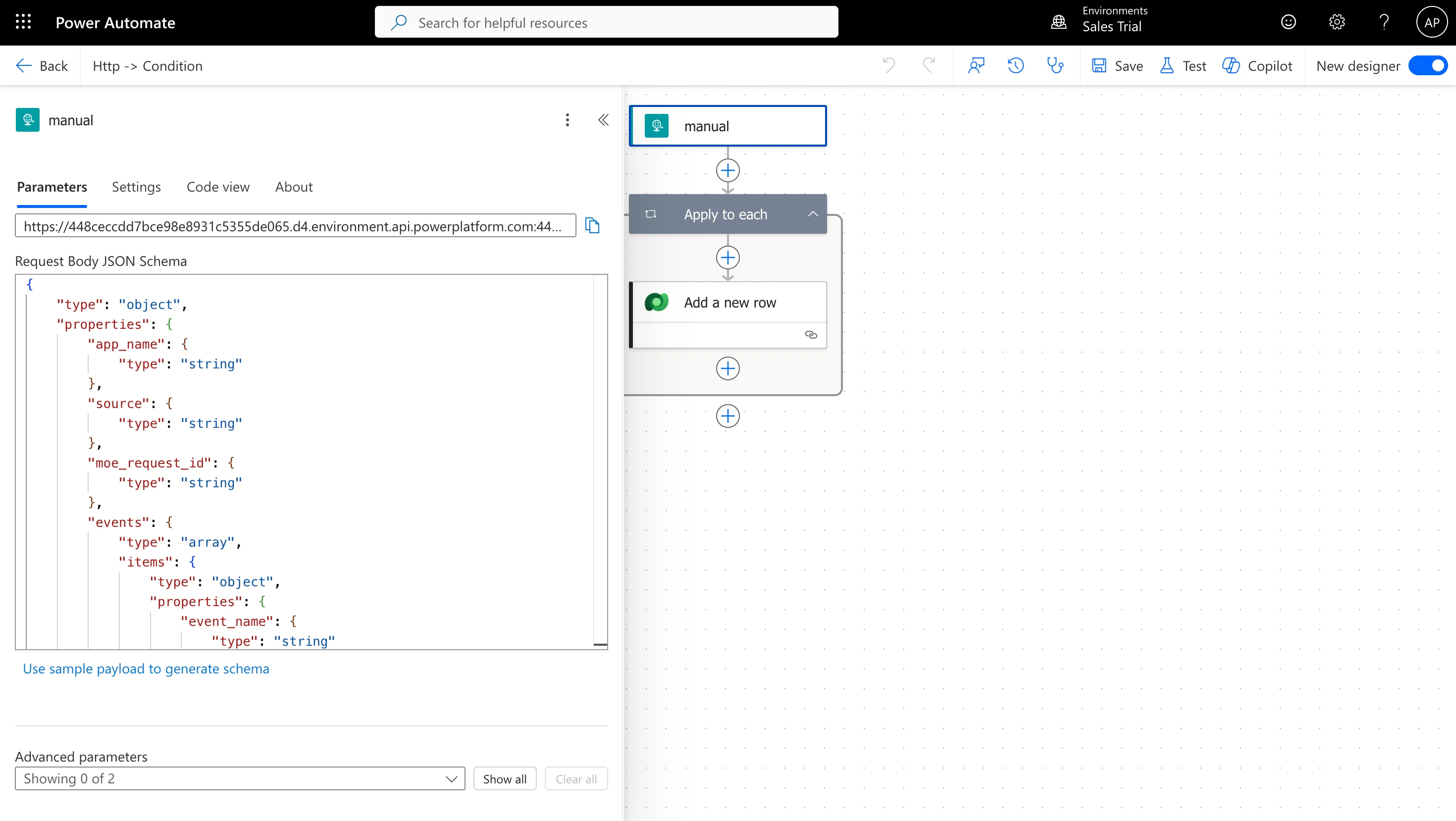 Power Automate HTTP request trigger configuration with Request Body JSON Schema field visible