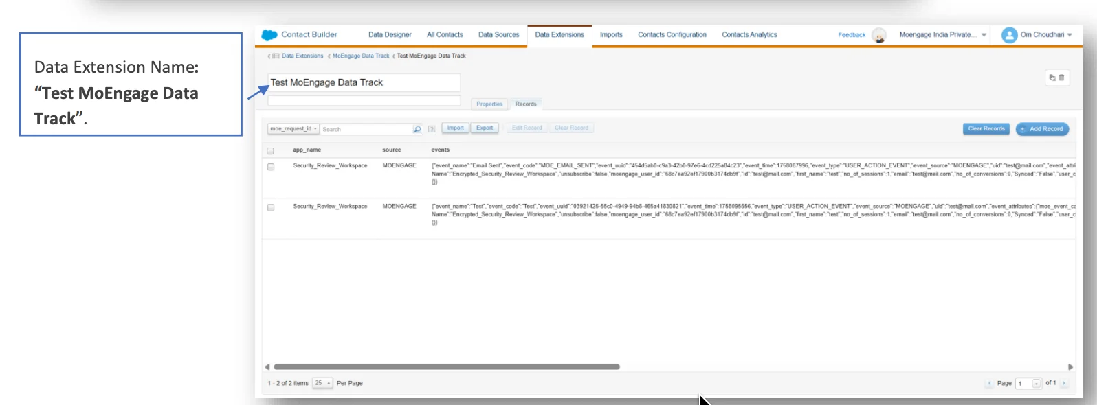 Test MoEngage Data Track Data Extension folder
