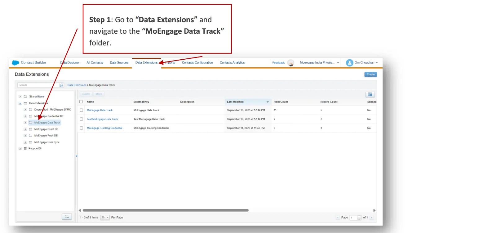 Navigating to Data Extensions > MoEngage Data Track folder