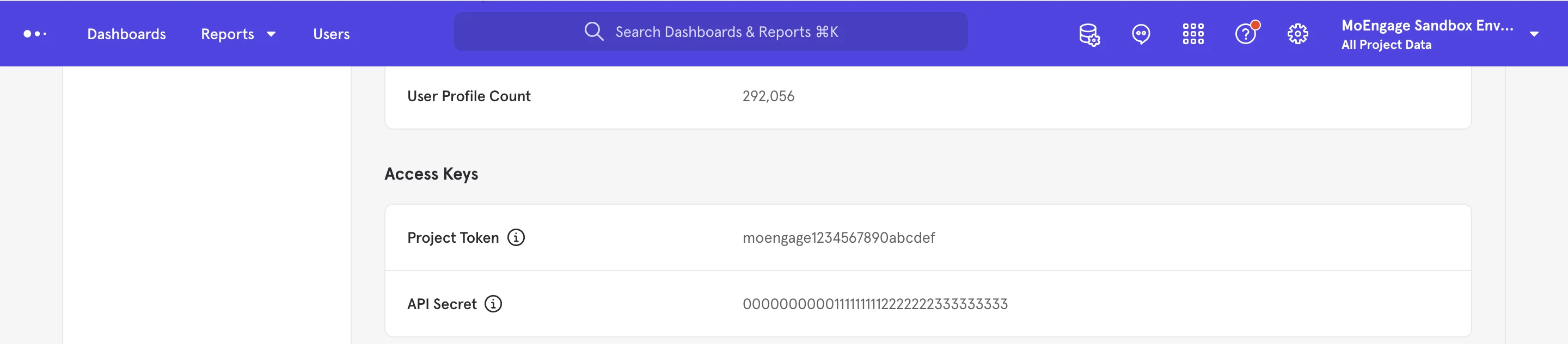 Mixpanel project settings showing Project Token