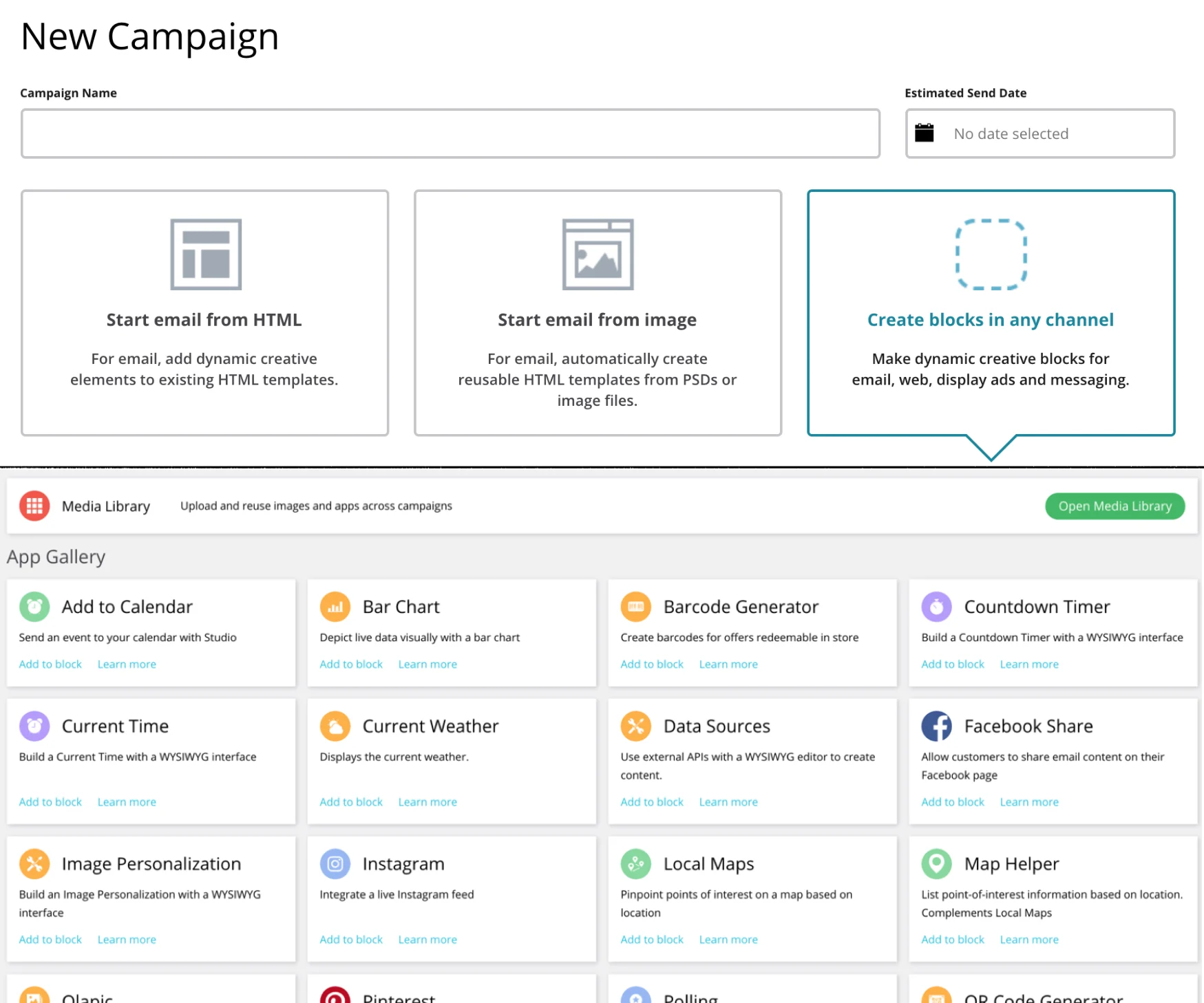 Movable Ink campaign creation screen with the available campaign types