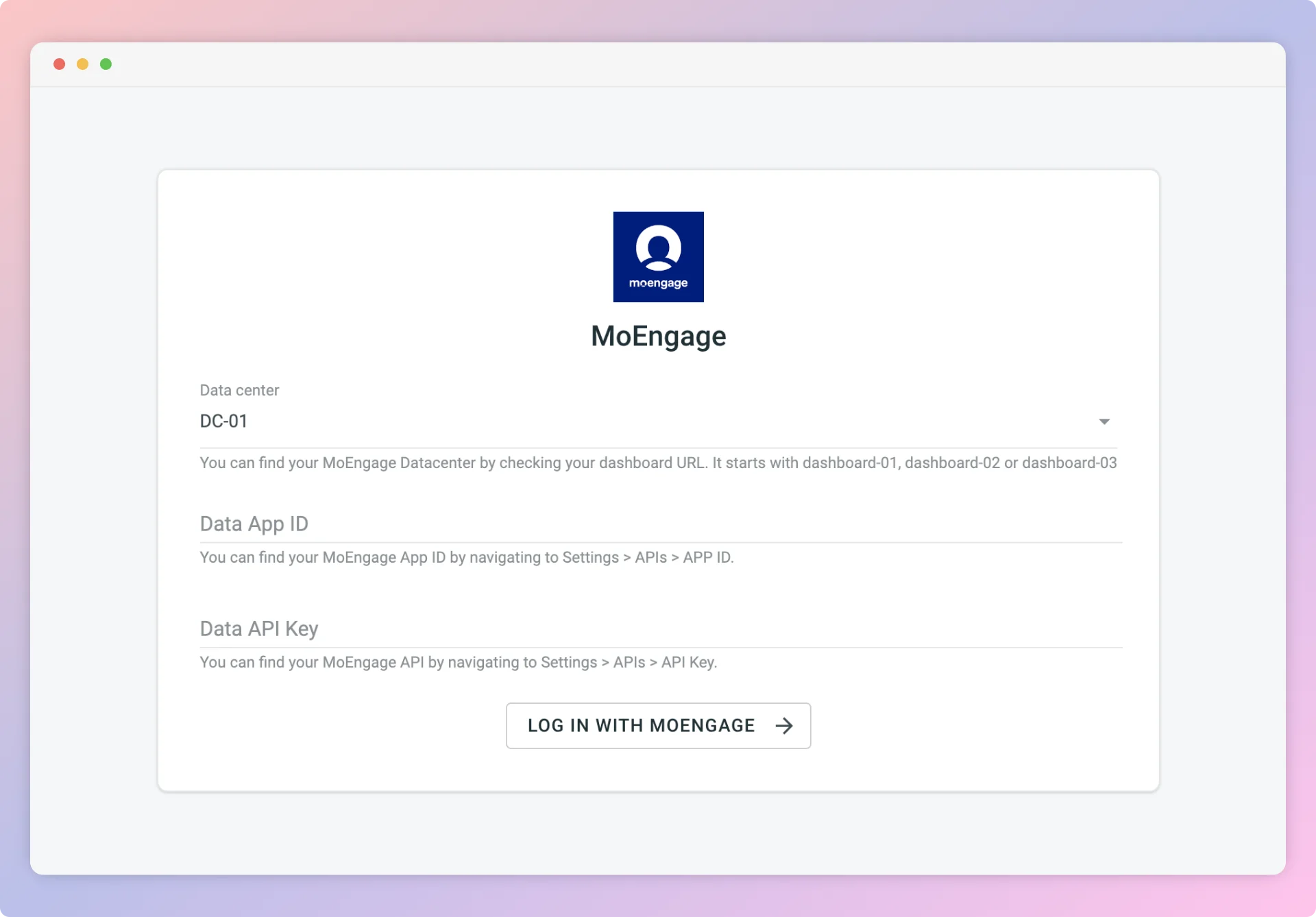 Crowdin MoEngage app credential dialog with the four fields filled in