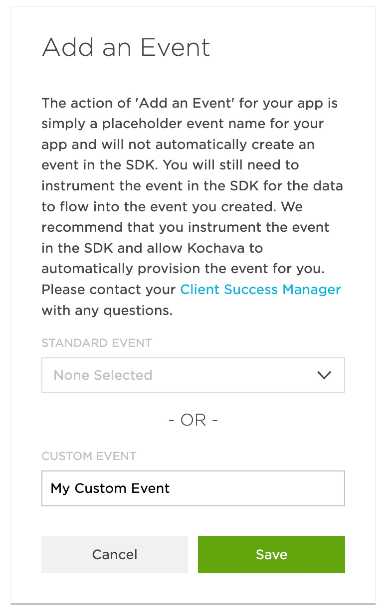 Adding a new custom event in the Kochava Event Manager