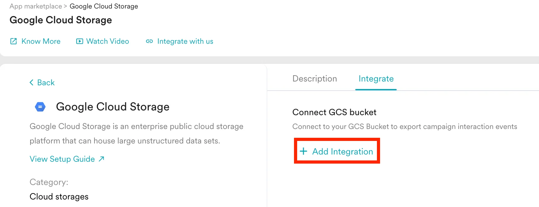 Add Integration option on the Google Cloud Storage Integrate tab