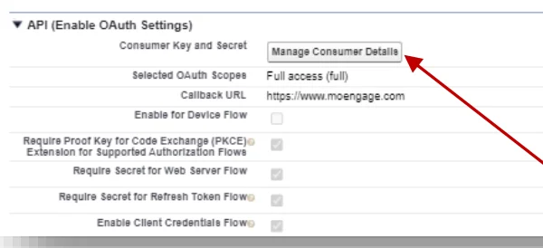 Manage Consumer Details button in the OAuth settings section of a Salesforce connected app