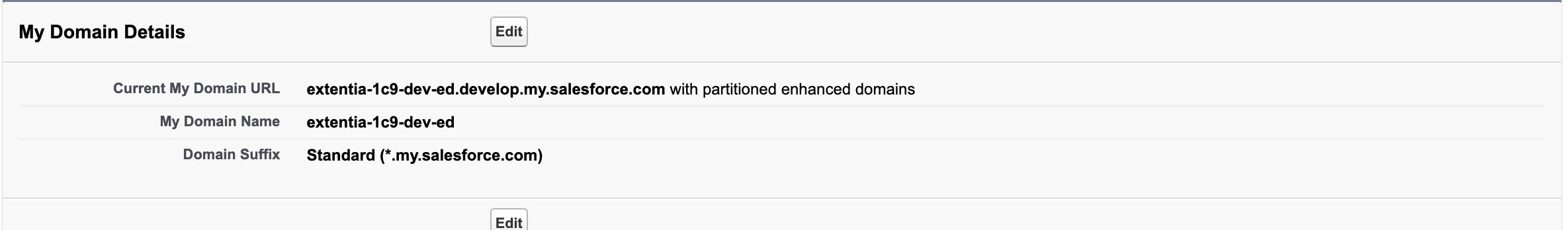 Salesforce My Domain settings page showing the current domain URL
