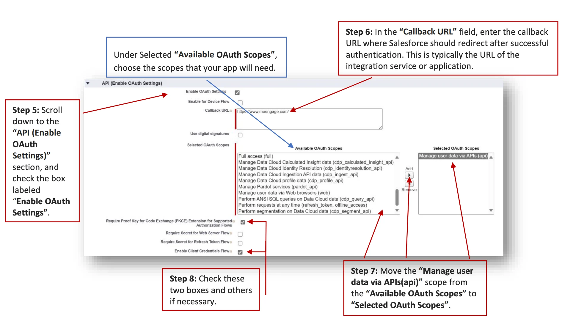 Salesforce Connected App OAuth scopes configuration with the api scope selected