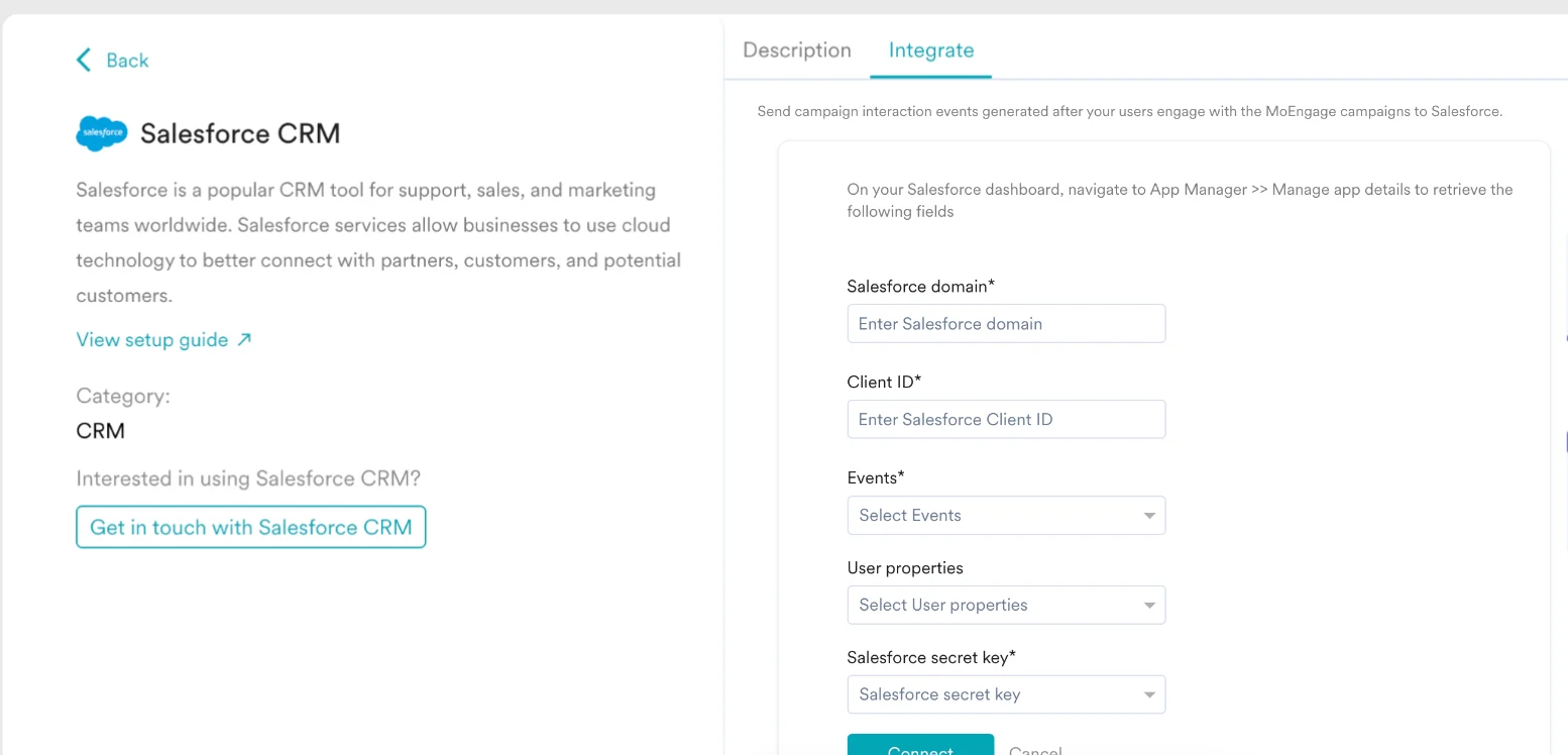 MoEngage App Marketplace listing for Salesforce CRM with the Integrate button