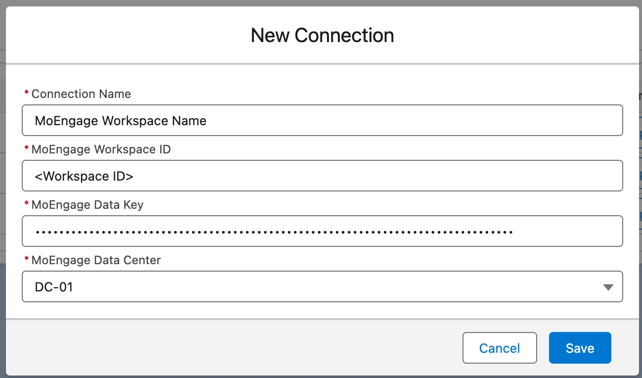 MoEngage Connection form with workspace credentials
