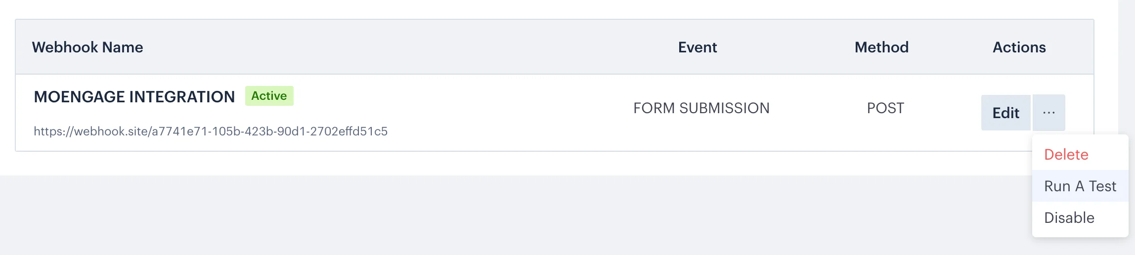 Swipe Pages webhook test screen with the Run a test button highlighted