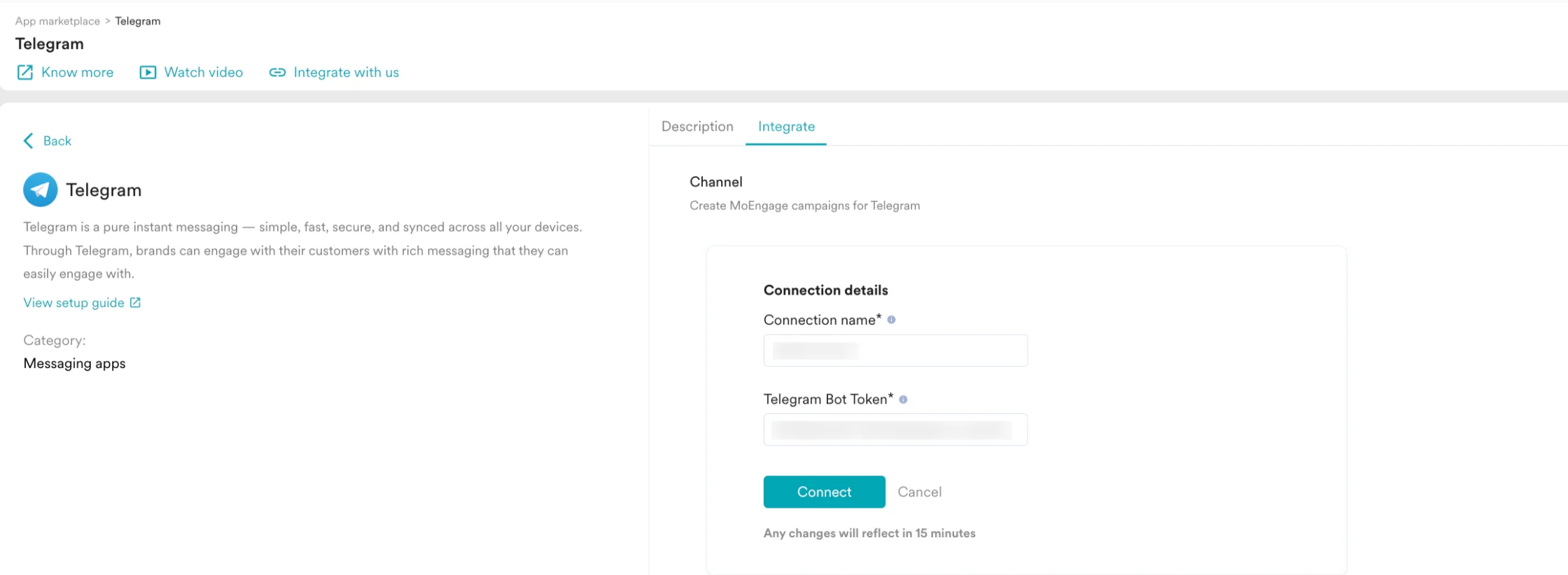 Telegram connection form