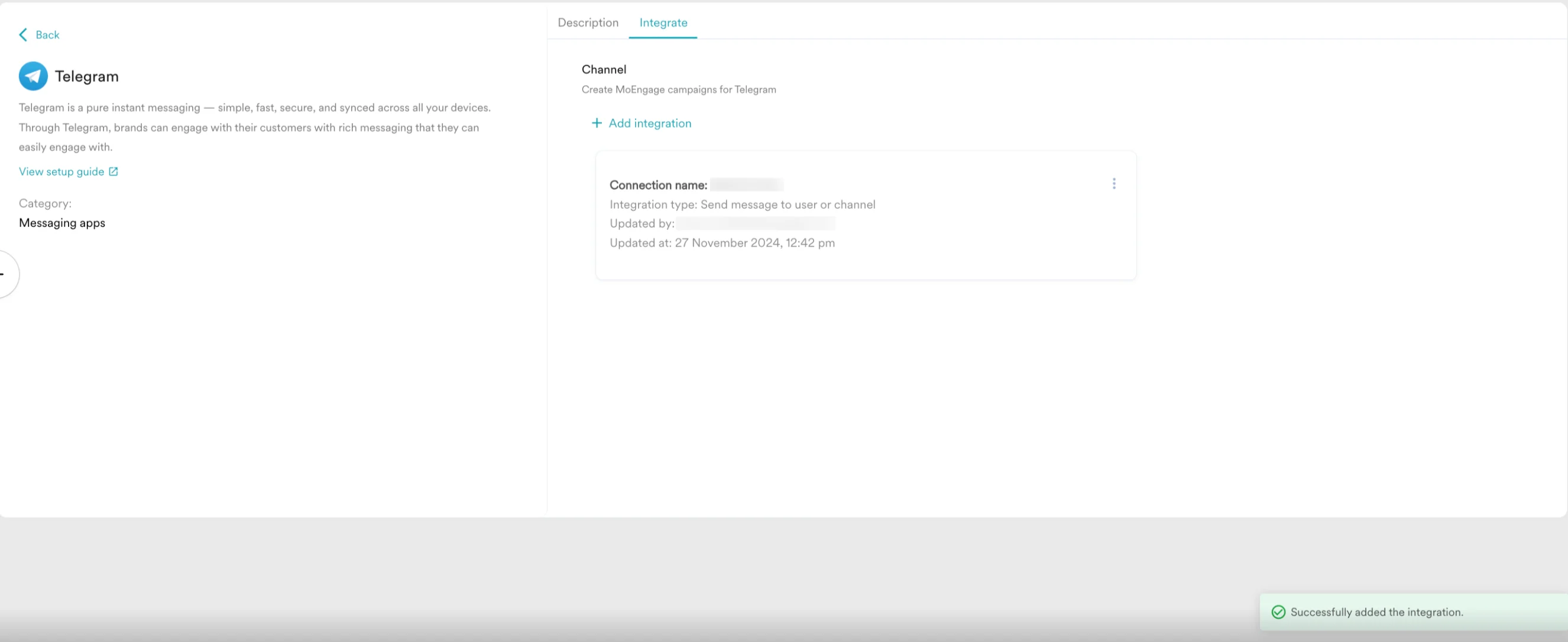 Telegram connection successfully integrated
