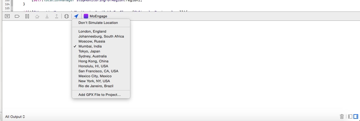 Simulating a location for a real device from the Xcode debug bar