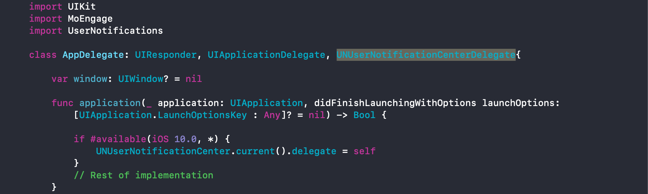 Setting the UNUserNotificationCenter delegate in the AppDelegate