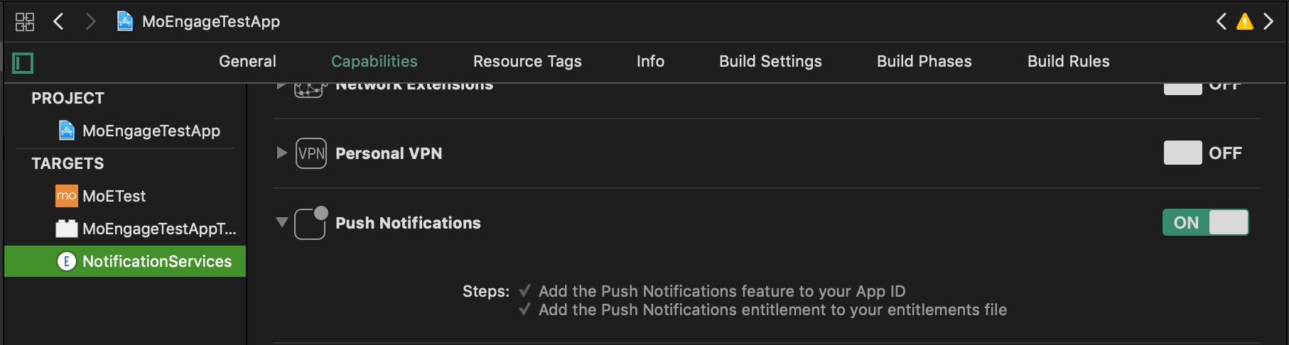 Push Notifications capability enabled for the Notification Service Extension target