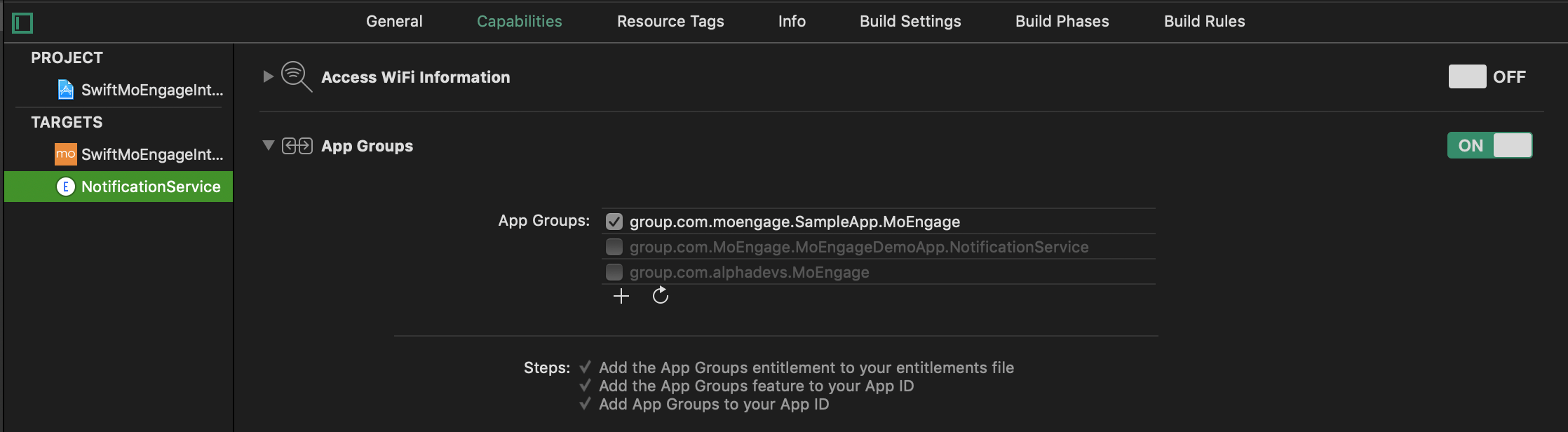 App Groups capability enabled for the Notification Service Extension with the same App Group ID as the app target