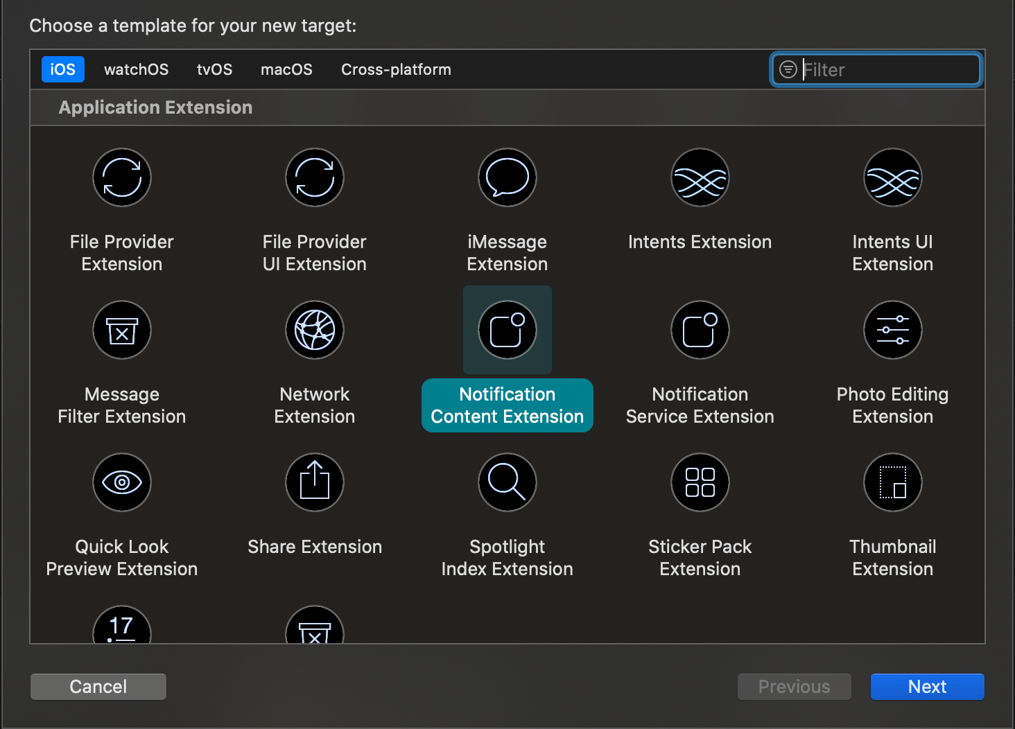 Selecting the Notification Content Extension template while adding a new target in Xcode