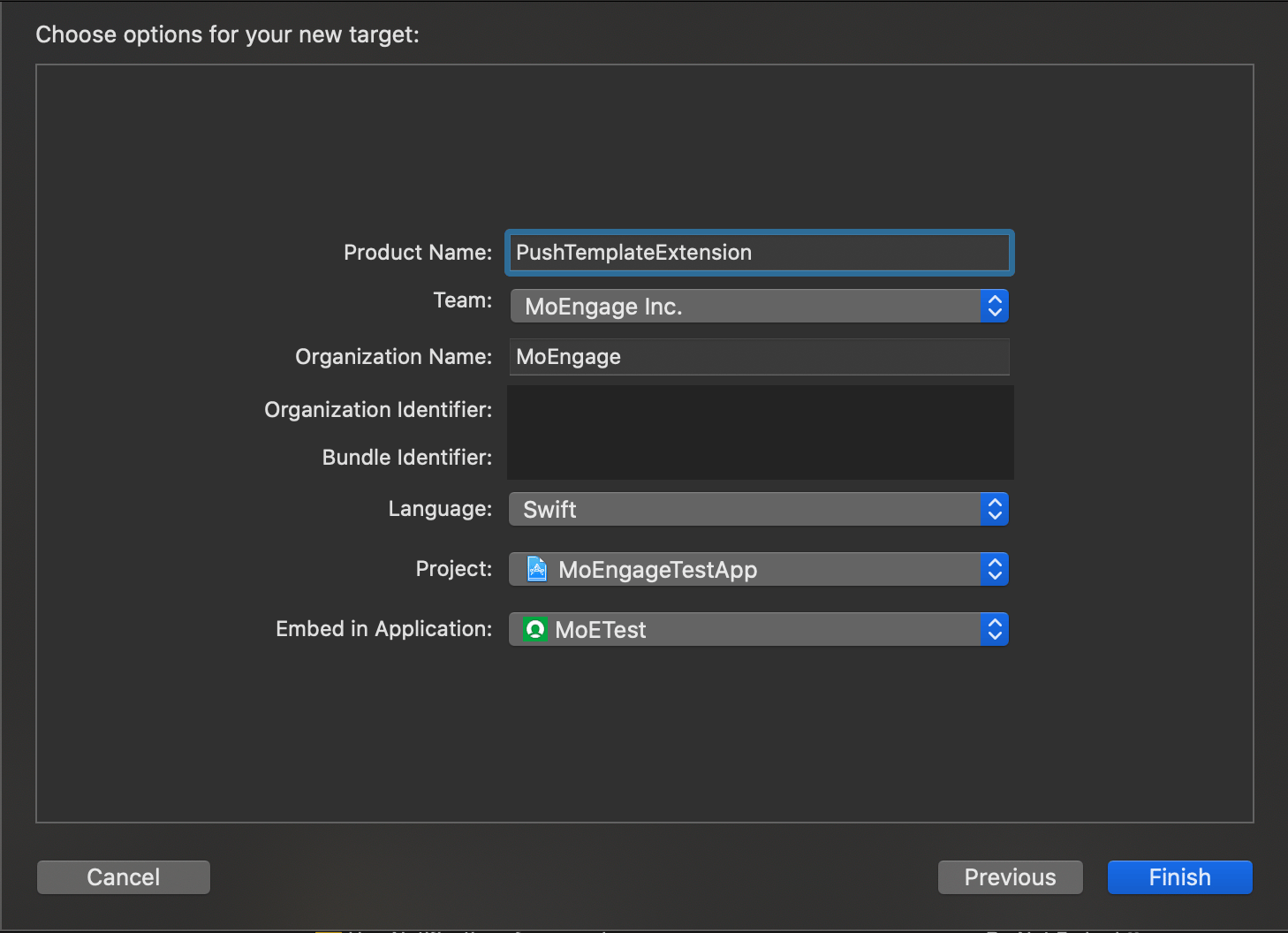 Naming and creating the Notification Content Extension target in Xcode