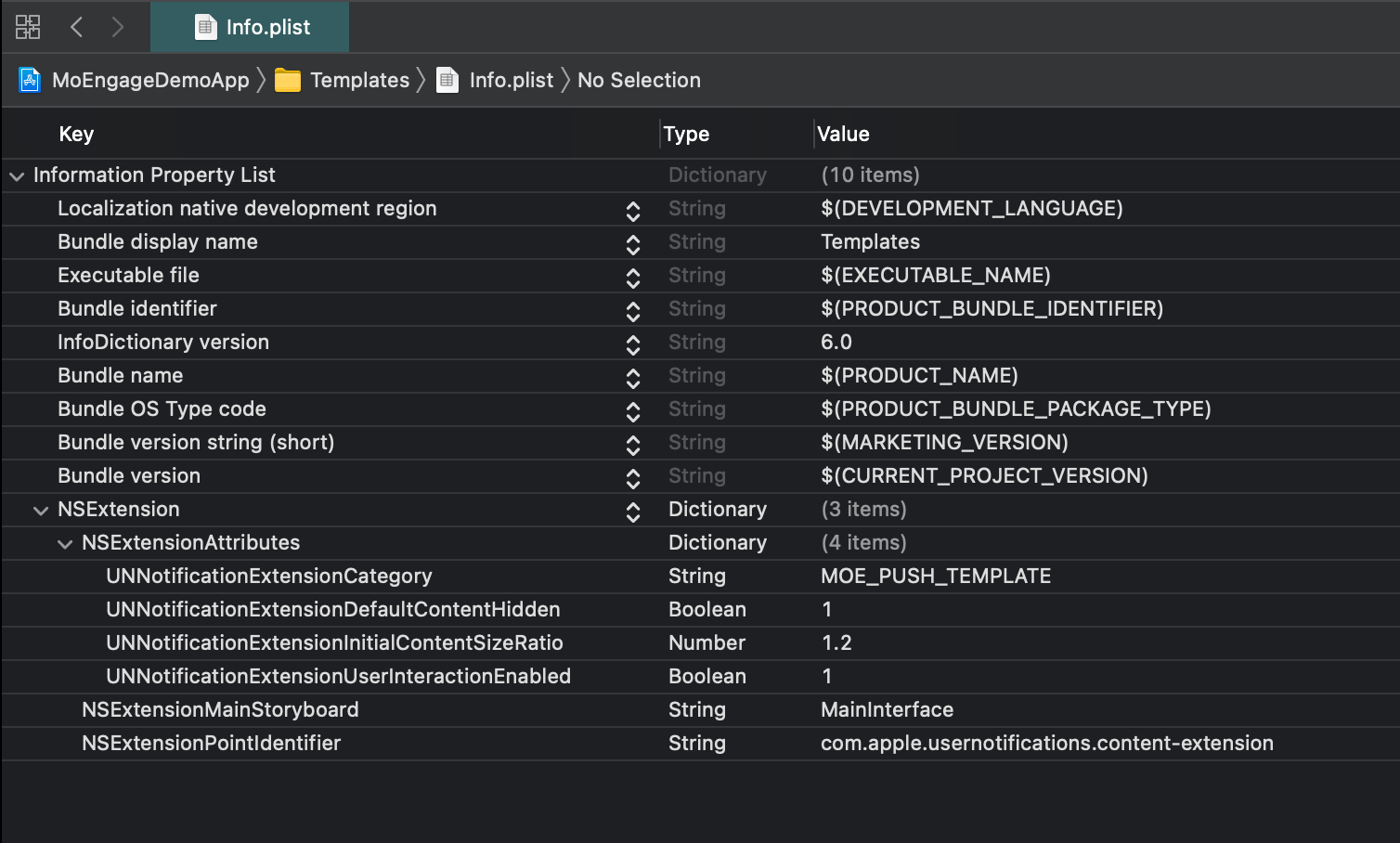 NSExtensionAttributes configuration in the Content Extension Info.plist