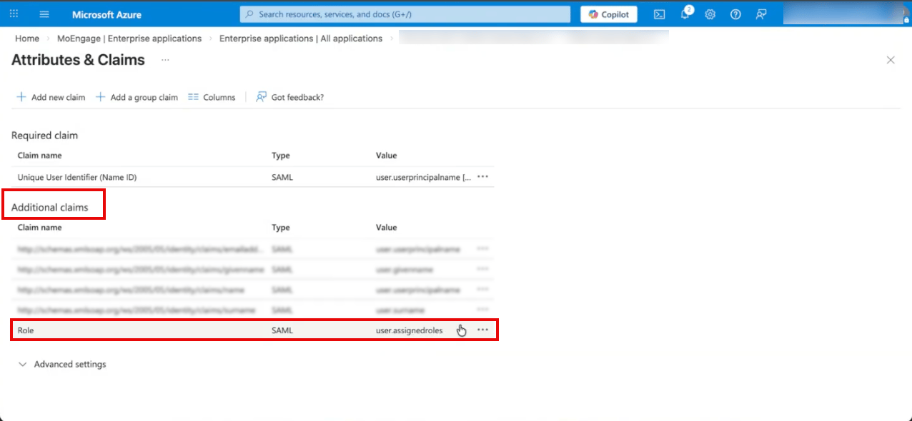 Attributes and Claims page showing the Role claim in the Additional claims list
