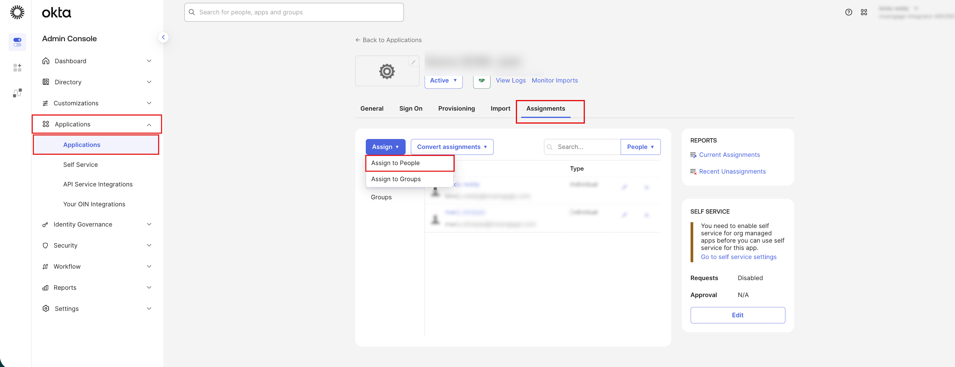 Okta Assignments tab with the Assign to People option