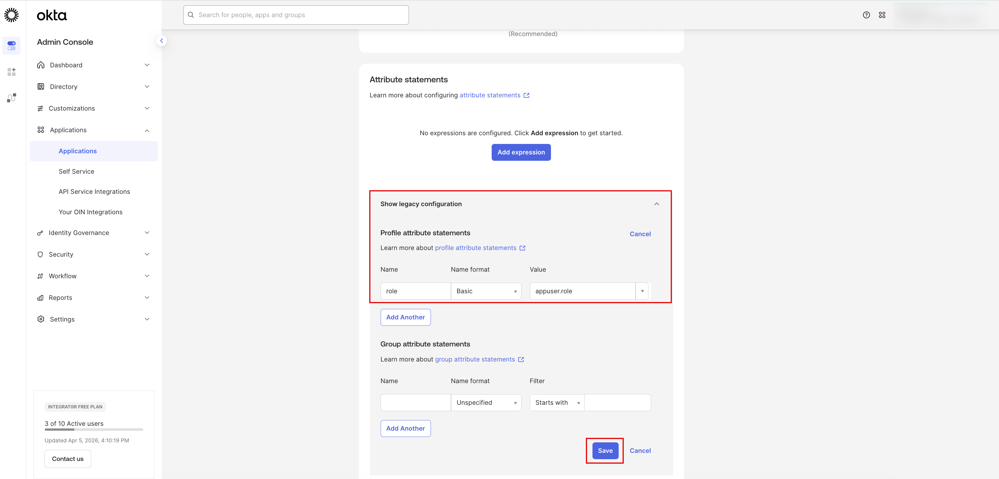 Okta Sign On tab with the saved attribute statement