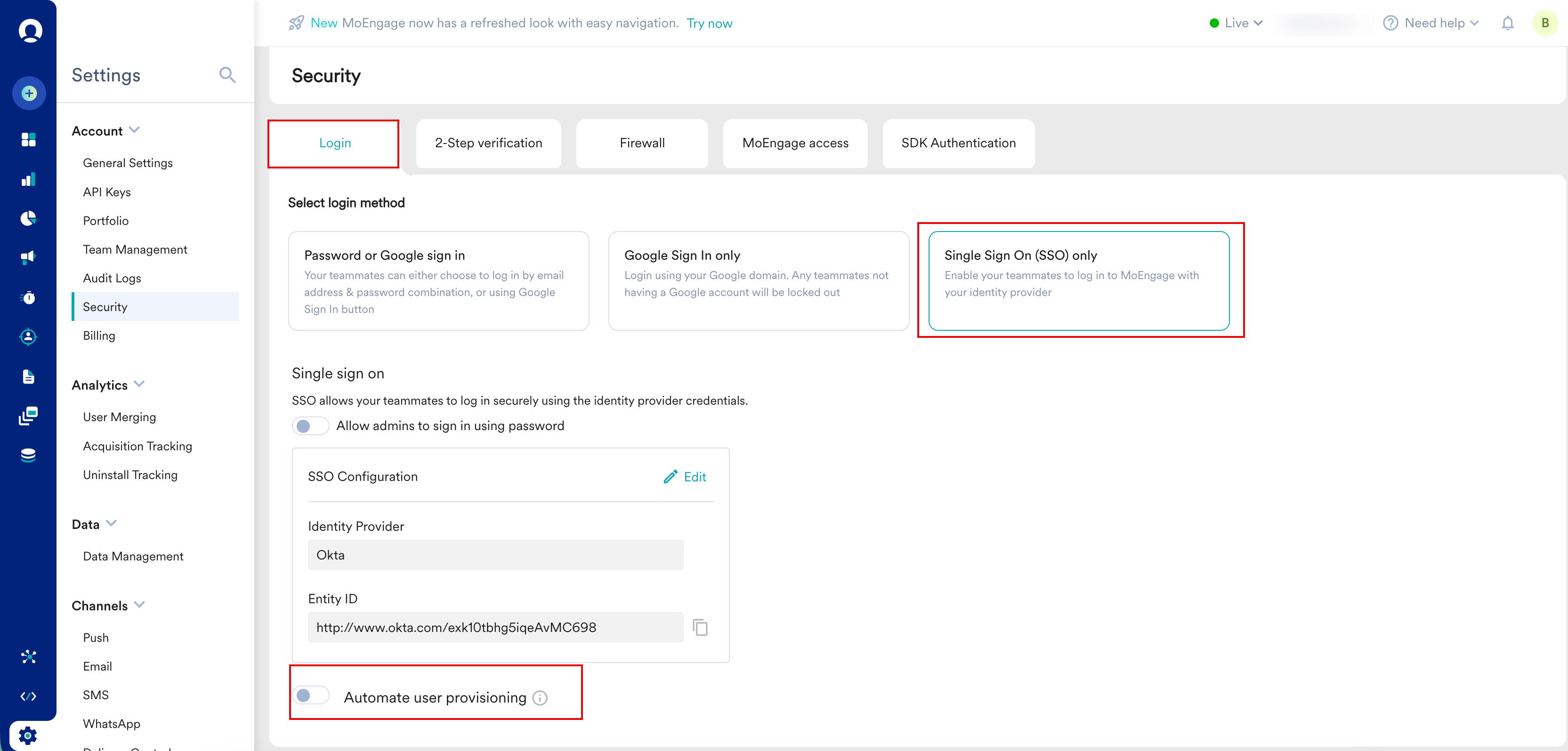 Automate user provisioning toggle turned on