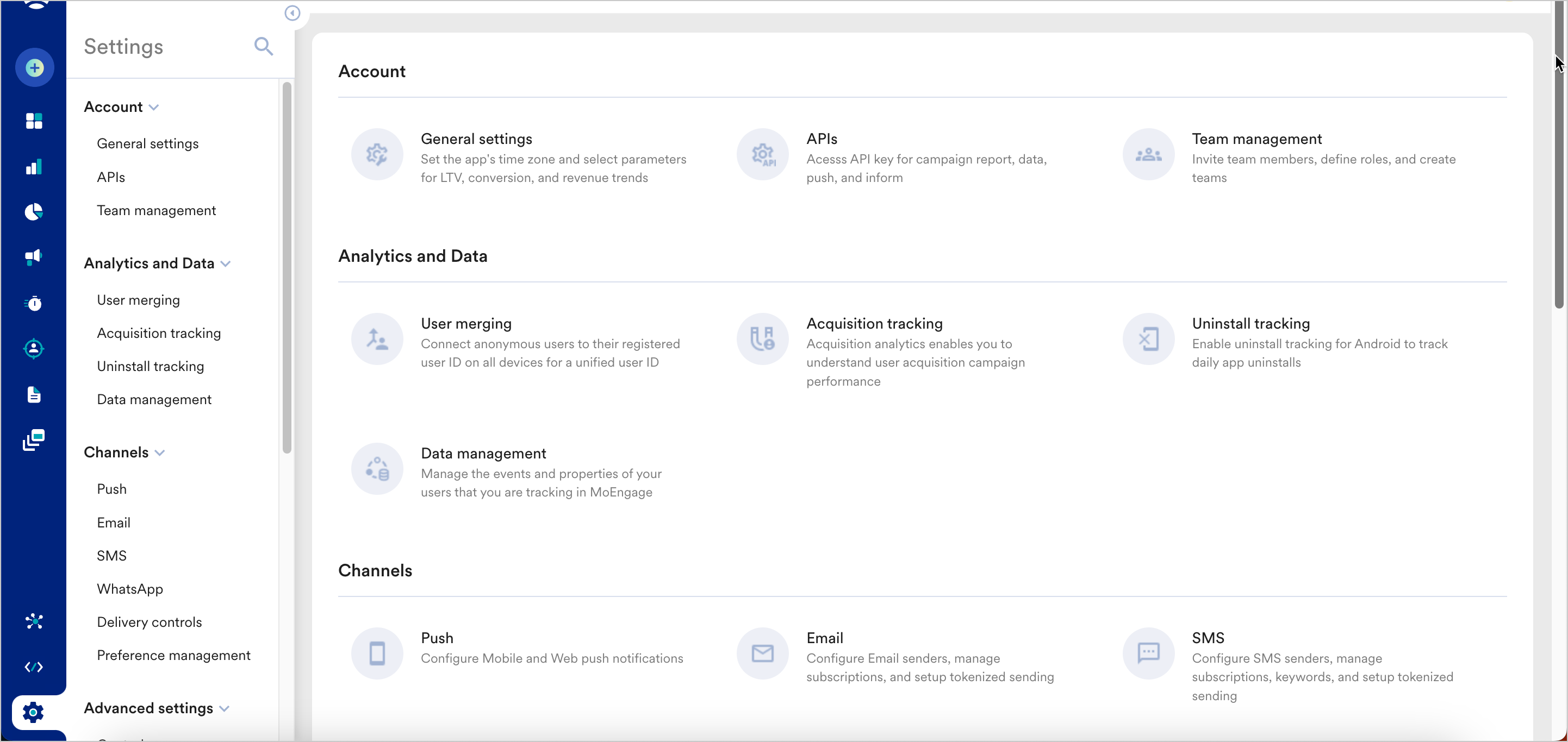 Settings menu in left navigation sidebar