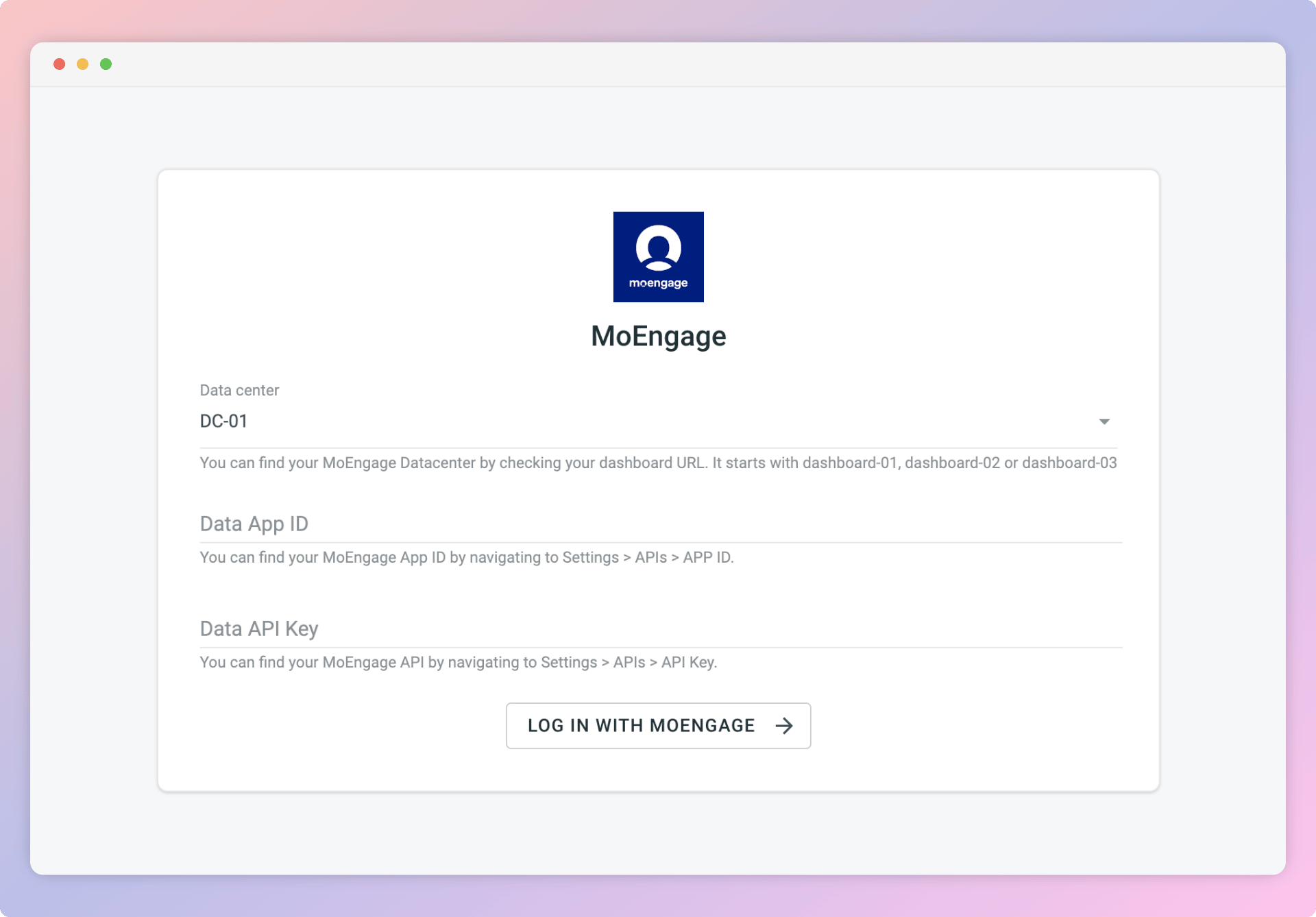 Crowdin MoEngage app credential dialog with the four fields filled in